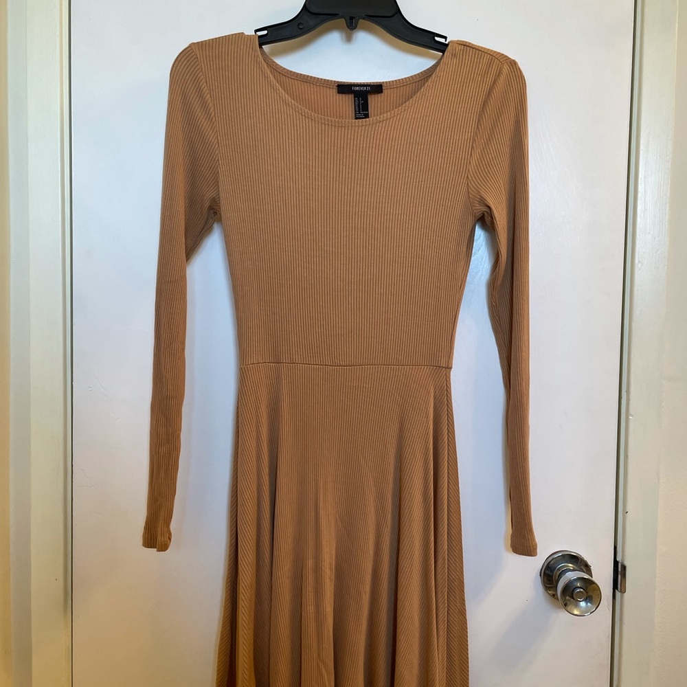 Beige Ribbed Elbow Length Sleeve Dress